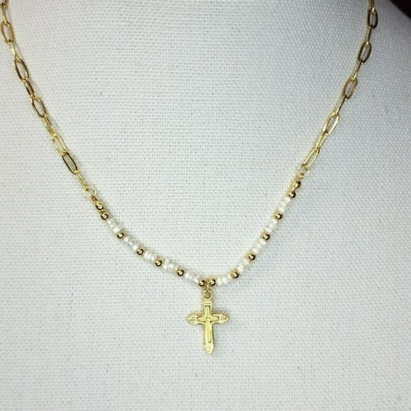 Gold Plated Stainless Steel Chain Freshwater Pearl Beads Cross‎ Pendant Necklace - Picture 10 of 14